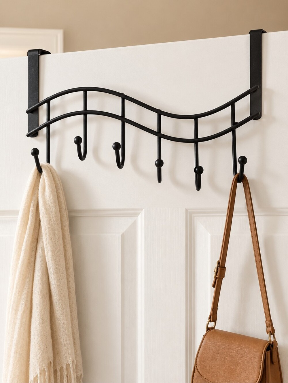 Over the Door Coat Rack Black Metal 6 Hook Wave Organizer Hat Bags Scarf Storage